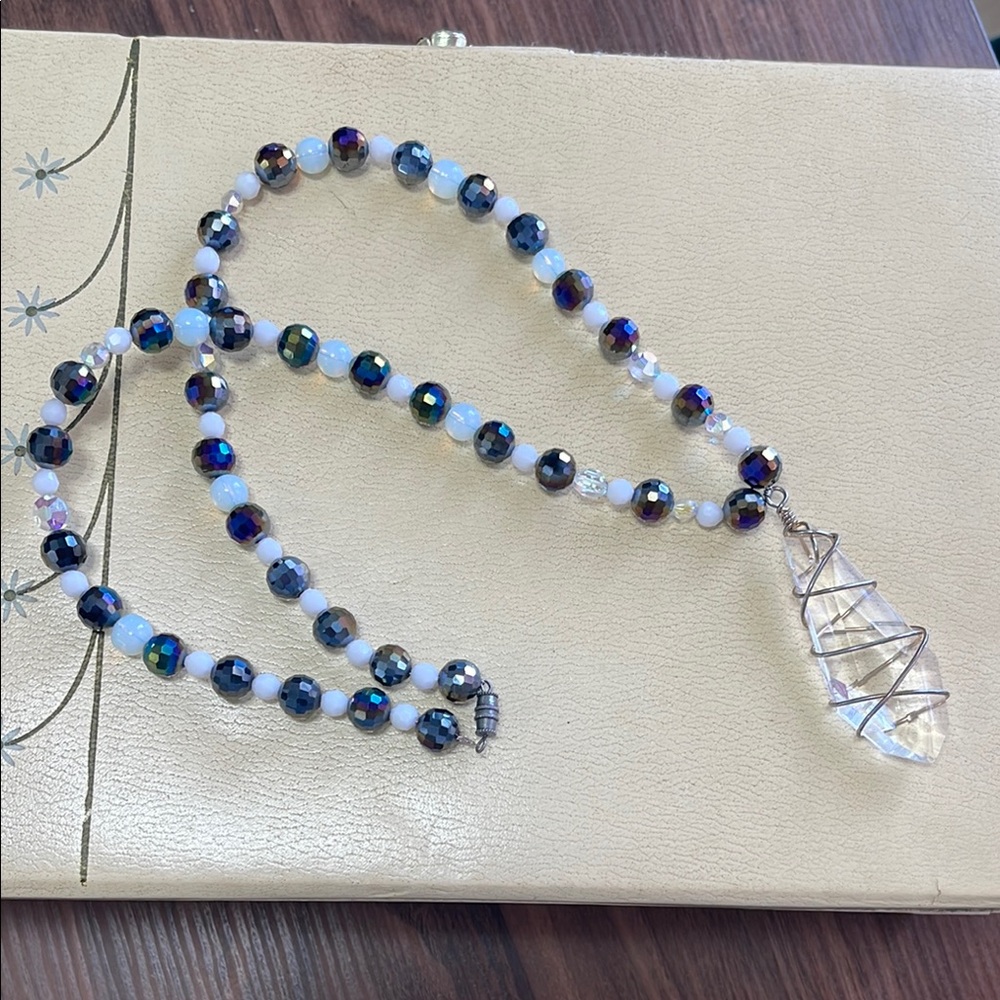 Handcrafted Oil Slick Faceted Beaded Necklace Wire Wrapped Crystal Pendant